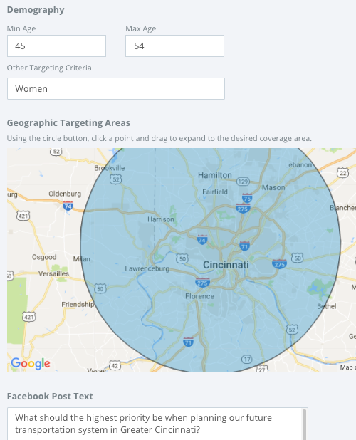 Targeted social advertising interface for a client (OKI) in Cincinnati
