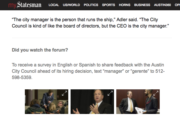 Austin Statesmen article encouraging the public to take the SMS survey (available in both English and Spanish)
