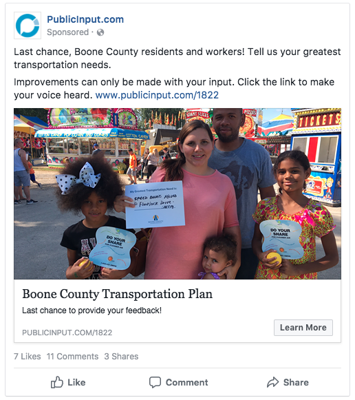  An example of a targeted Facebook post created through the PublicInput.com platform. You can use your agency Facebook page in lieu of the PublicInput.com branding if desired. 
